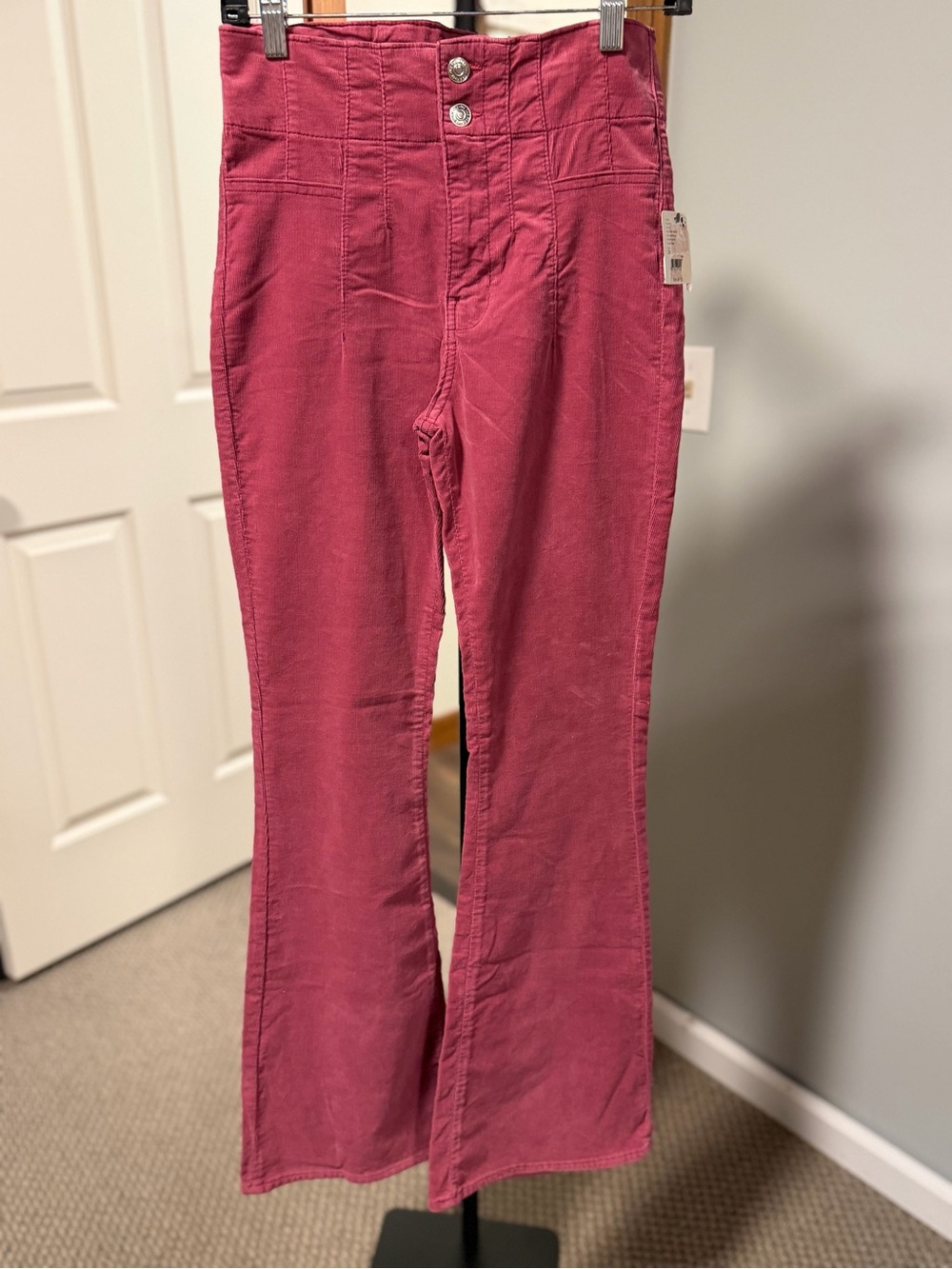 Free People We The Free Jayde Cord High Rise Flare Pants Raspberry 26 NWT